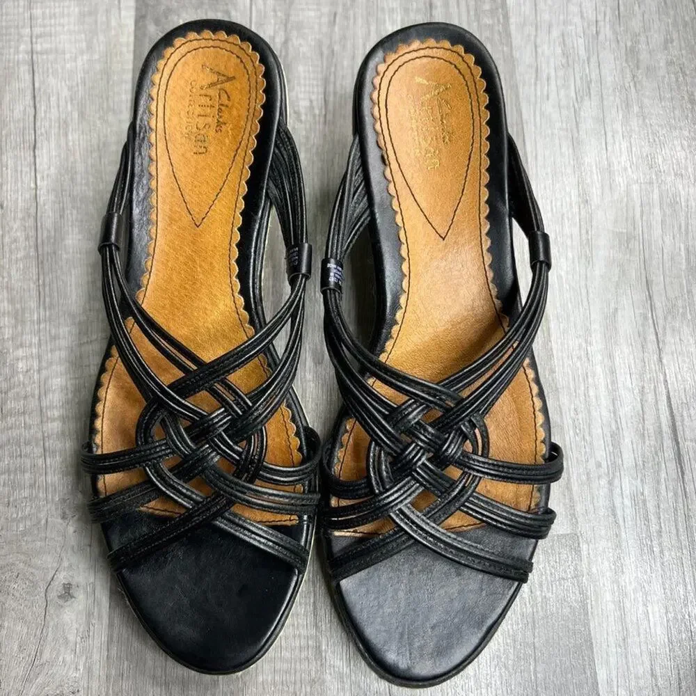 CLARK Artisan Espadrille Slide Wedge  Sandals Black Leather Size 9